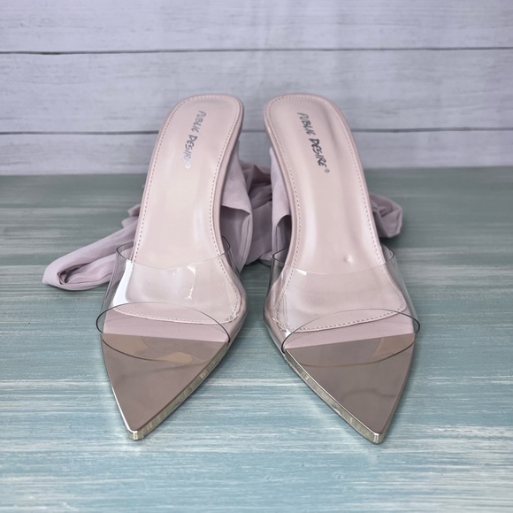 Public Desire Clear Nude Lace Up Pointed Gold Toe Stiletto Size 7 💗 - Picture 2 of 6